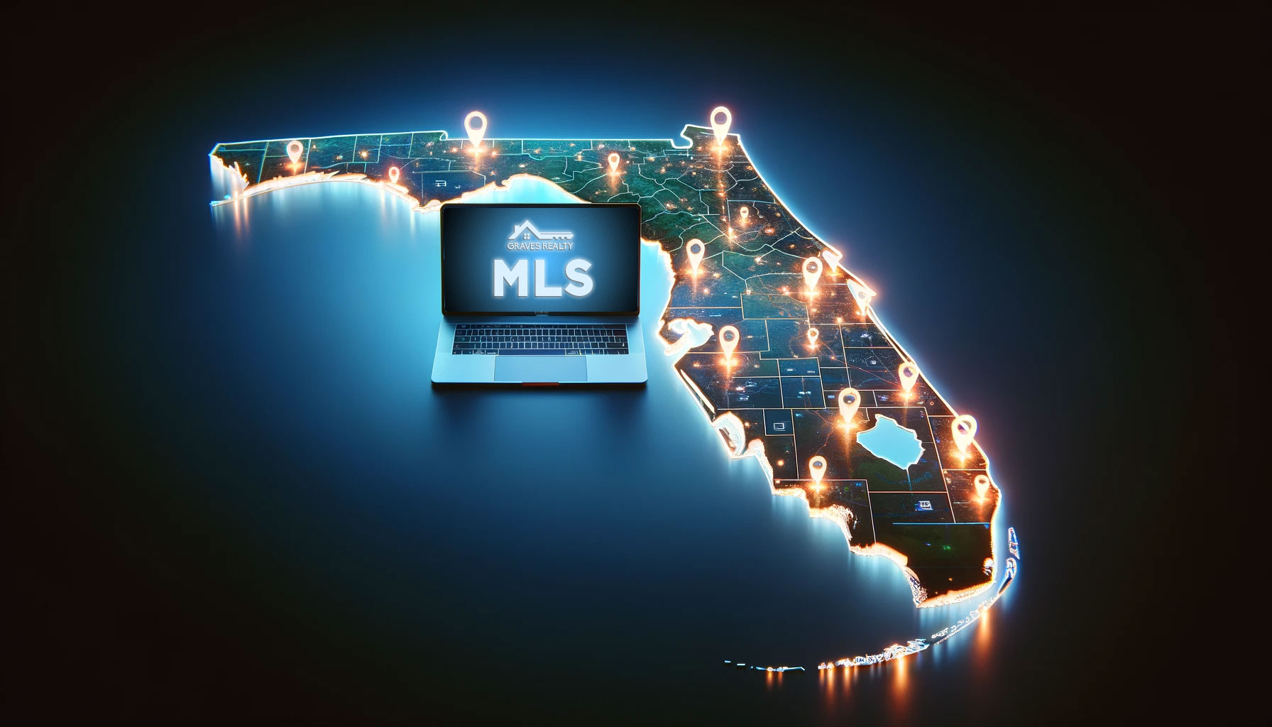 Map of Florida highlighting Central Florida with a laptop displaying MLS in the center, surrounded by glowing hot spots indicating Flat Fee MLS by Graves Realty's service areas
